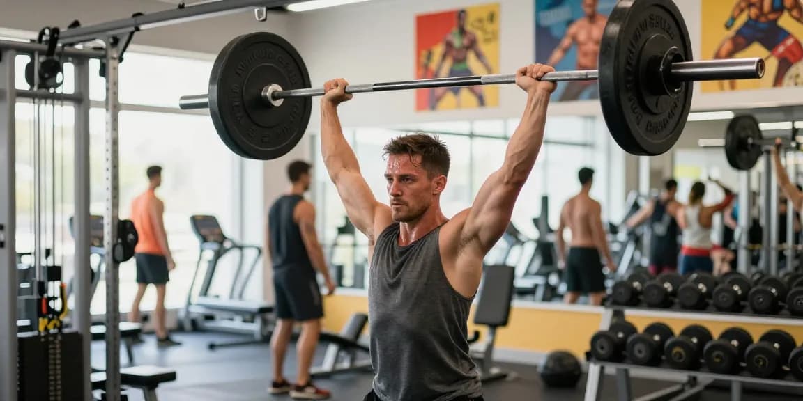 Muskulöser Mann hebt Gewichte in einem lebhaften Fitnessstudio und repräsentiert den Fitness-Lifestyle bei Steroidshop.