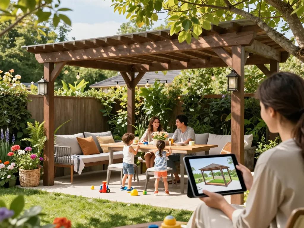 Interaktive Outdoorszene, die eine Familie zeigt, die eine Pergola 3D-Konfigurationserfahrung in ihrem Garten genießt.