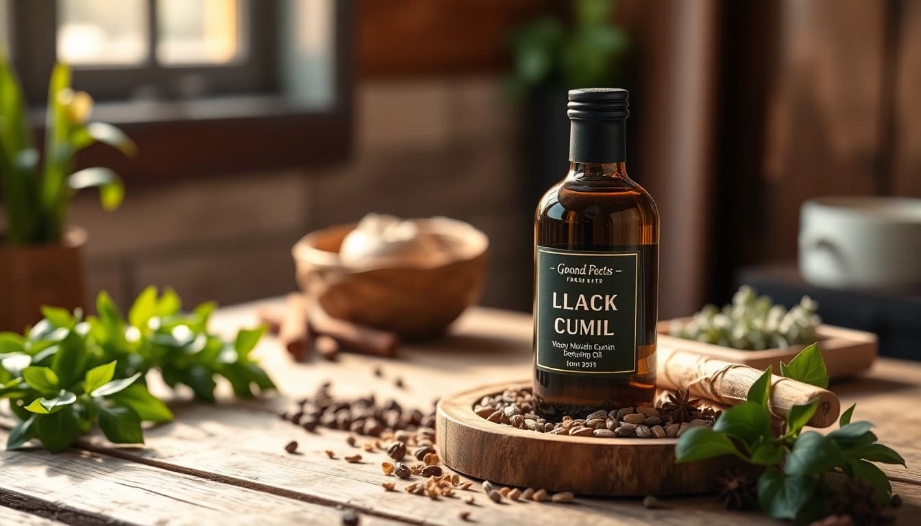 Veganes Schwarzkümmelöl neben frischen Kräutern auf einem rustikalen Holztisch.