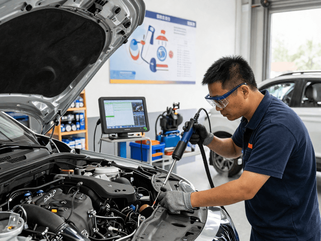 Mechaniker reinigt den DPF eines Fahrzeugs in einer modernen Werkstatt, um optimale Leistung sicherzustellen.