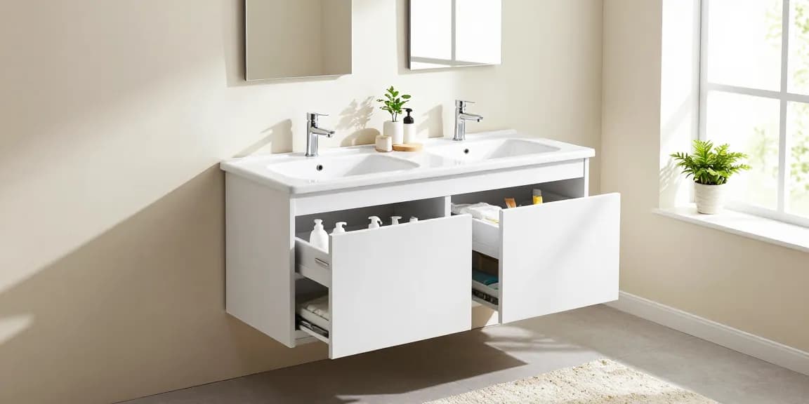 Modern bad met een stijlvolle 80 cm wastafelonderkast met dubbele wastafels en chromen kranen, verlicht door natuurlijk licht.