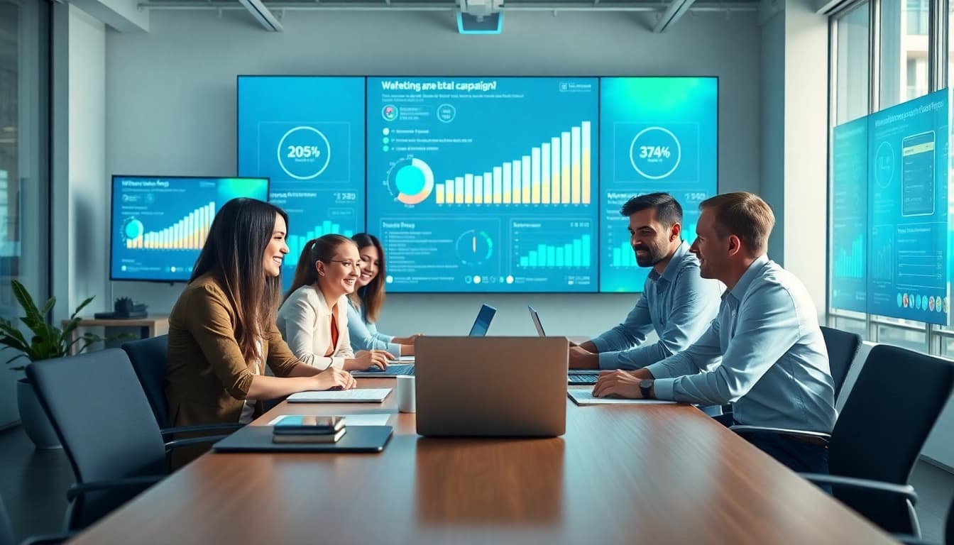 Online Marketing Strategien im modernen Büroumfeld mit einem kreativen Team von Fachleuten.