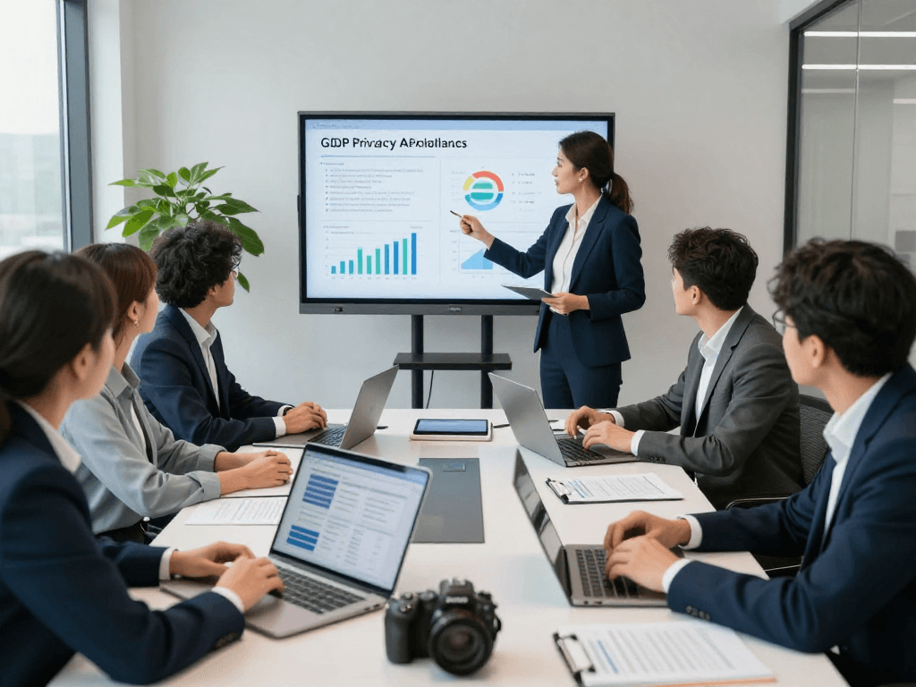 Branchenlösungen – Übersicht with consultants discussing digital accessibility and data protection strategies in an office.