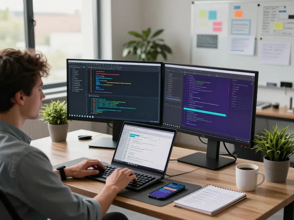 Developer using MoltBot AI in a modern workspace with coding interfaces and natural light.