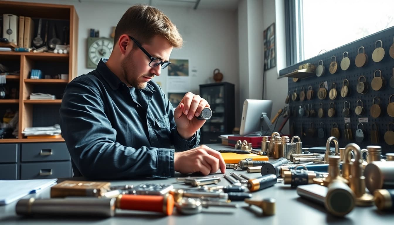 Schlüsselnotdienst Berlin - Expert locksmith repairing a door lock in a professional environment.