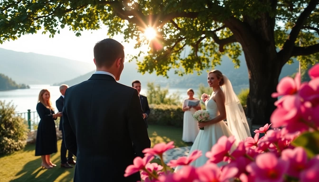 Hochzeitsfotograf Tegernsee fängt das glückliche Brautpaar in schöner Umgebung ein.