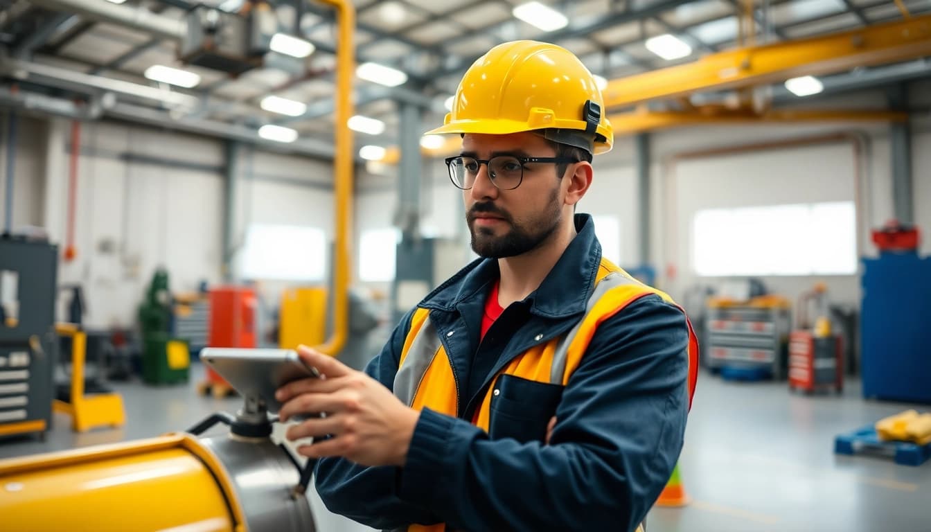 Technician performs DGUV V3 Prüfung to ensure safety compliance in an industrial environment.