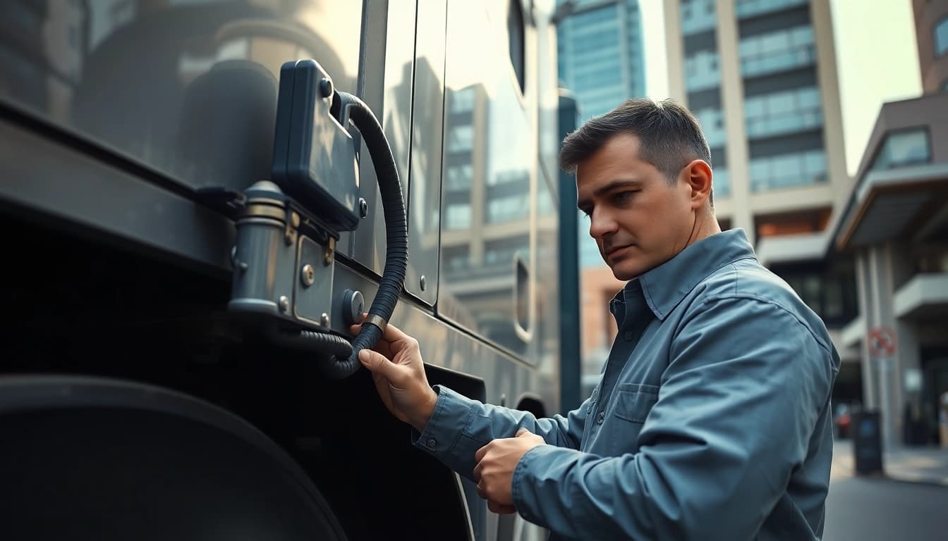 Lkw Gutachten Augsburg zeigt eine professionelle Inspektion eines Lkw durch einen Techniker im urbanen Umfeld.
