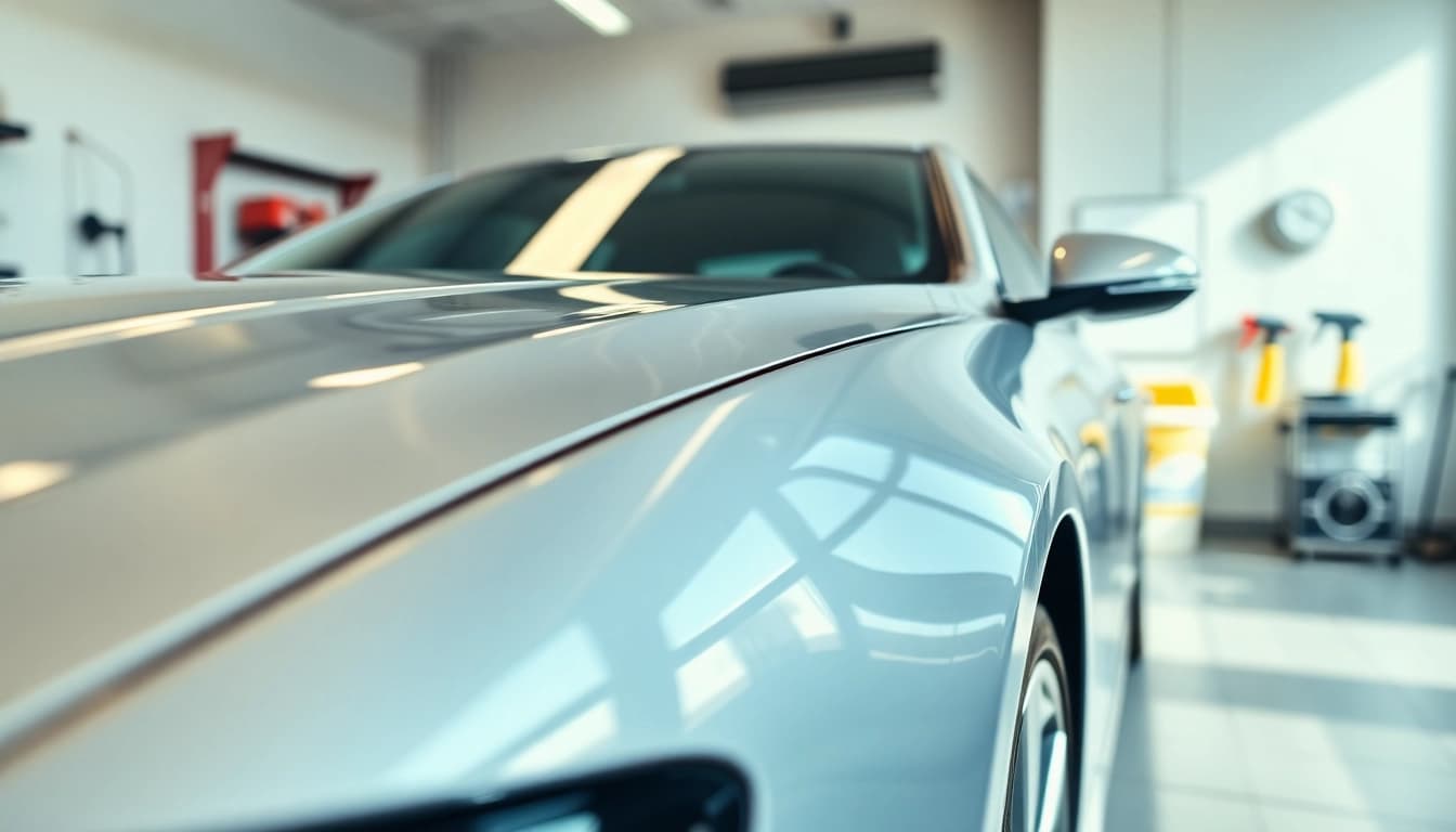 Fahrzeugaufbereitung: Professionelle Fahrzeugpflege mit glänzenden Oberflächen in einem detailverliebt gestalteten Raum.