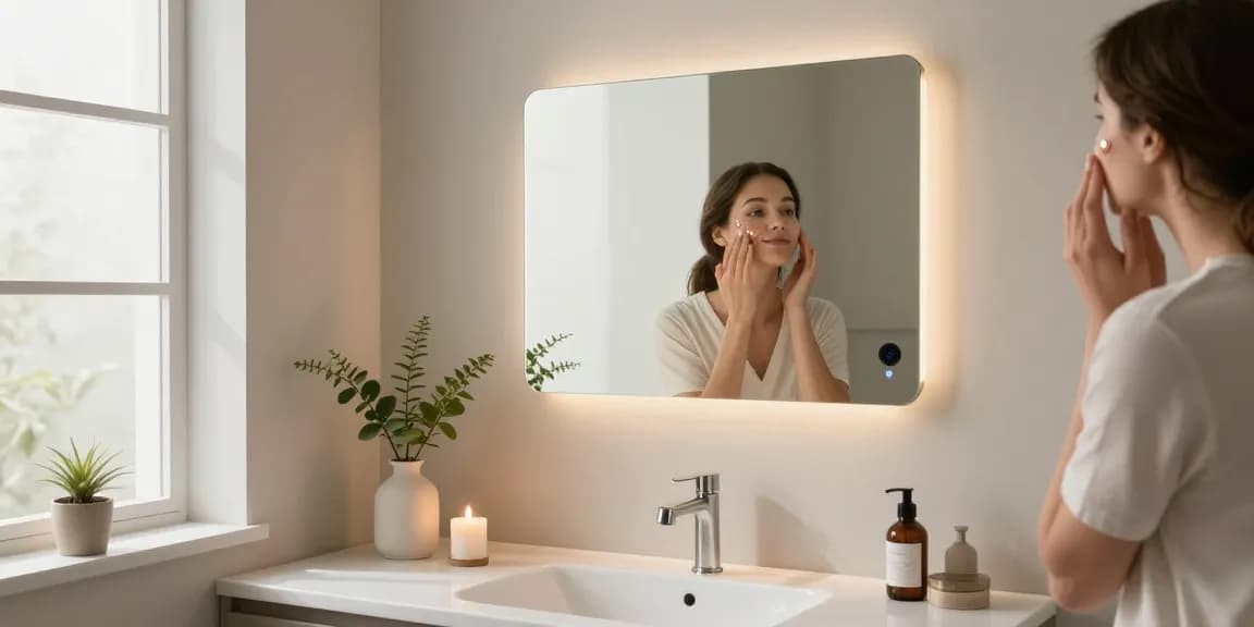 Stylischer Smart Spiegel, der die Wellness-Routine im Badezimmer mit ambientem Licht verbessert.