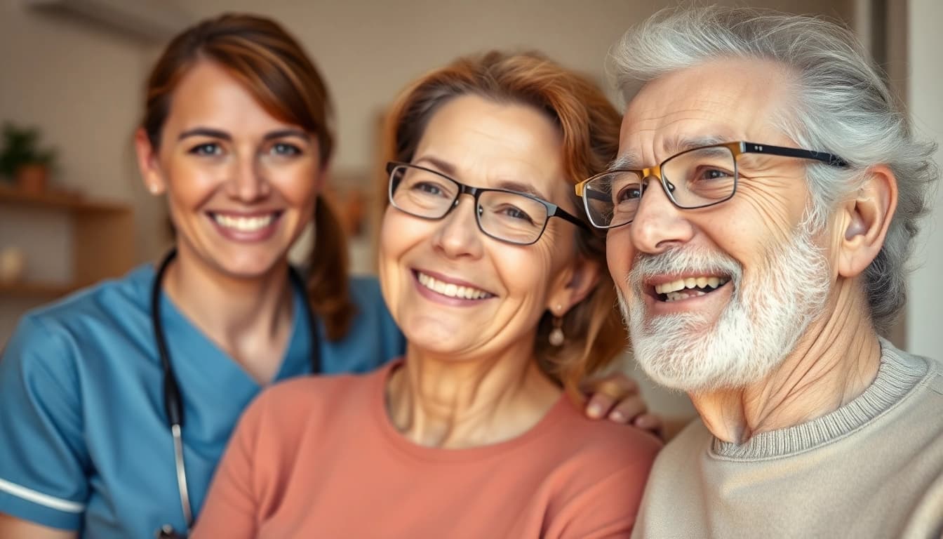 Kreative Darstellung zur Personalgewinnung in der Pflege mit einer Pflegerin und glücklichen Senioren.