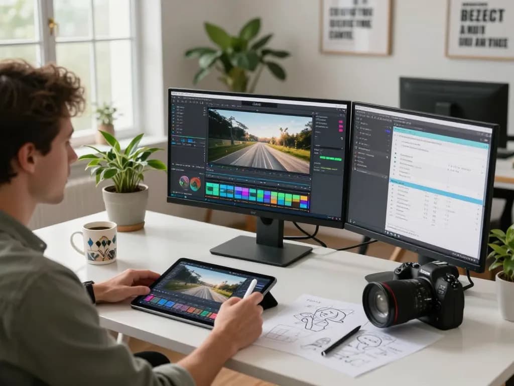 Dynamic workspace showcasing motion control technology in action, with a creator animating videos on dual monitors.