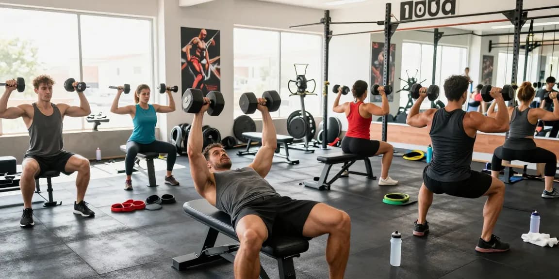Anabolika Shop Deutschland - verschiedene Bodybuilder trainieren in einem lebhaften Fitnessstudio, mit Fokus auf Kraft- und Muskelwachstum.