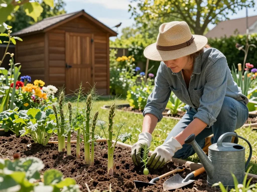Gardener planting spargel pflanzen in rich soil surrounded by vibrant greenery.