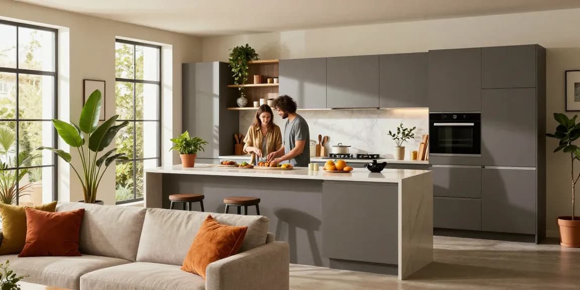 Moderne Küchenszene mit stilvollen Möbeln und einladender Atmosphäre, mit Paaren, die Mahlzeiten zubereiten, perfekt für möbel direkt bestellen.