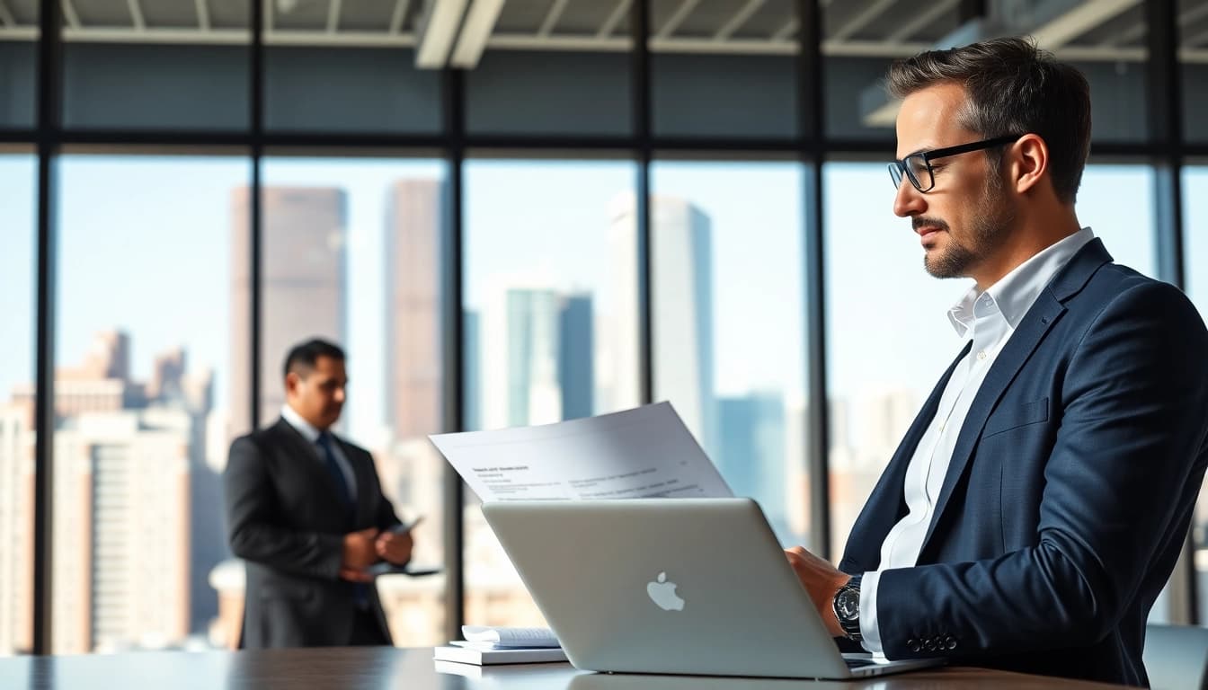 Hochwertiger Headhunter Schweiz, der mit Kandidaten in einem modernen Büro interagiert.