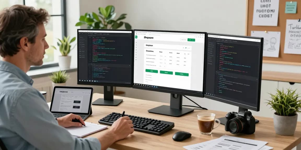 Shopware-Freelancer arbeitet in einem modernen E-Commerce-Arbeitsbereich mit Dual-Monitoren, die die Shopware-Entwicklung anzeigen.