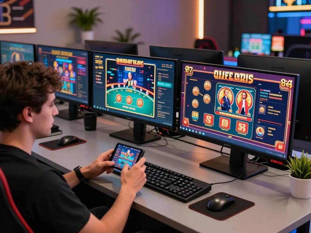 Engage in thrilling online gambling at nohu with an immersive multi-screen gaming setup.