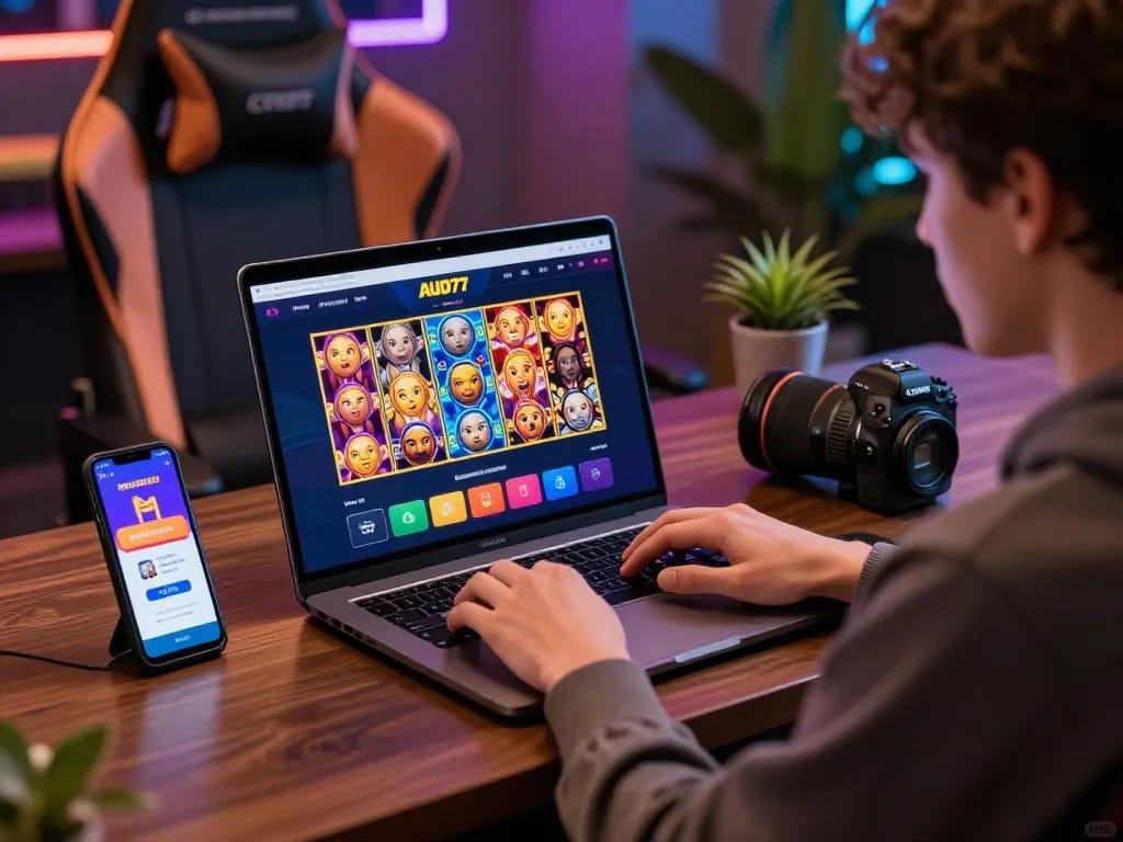 Engaging with the aud77 online casino platform, showcasing vibrant game icons and promotional notifications.