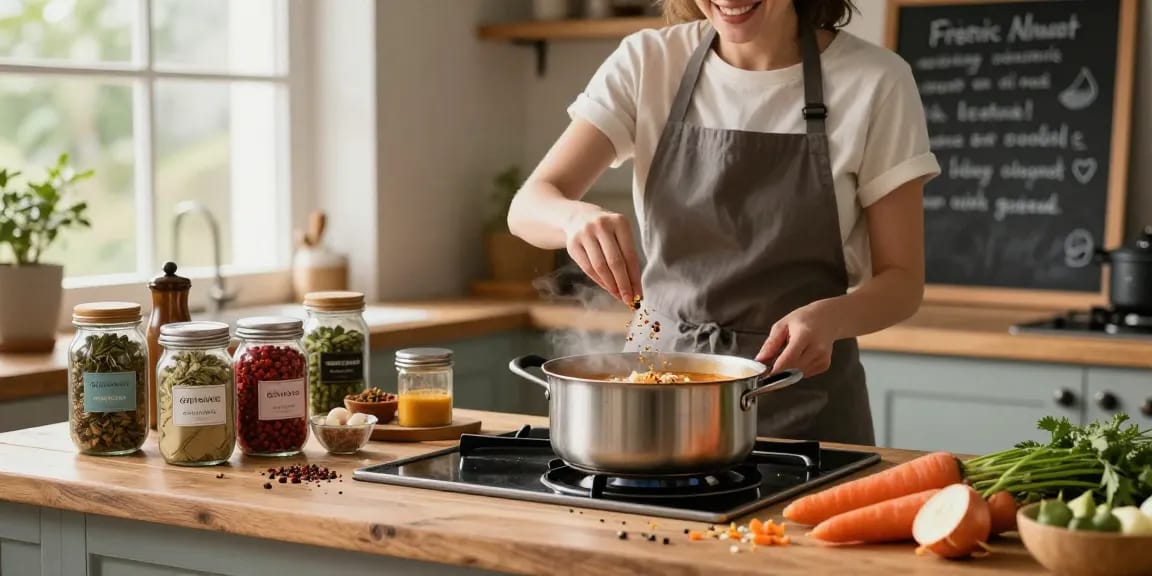 Hausköchin würzt Suppe mit Gewürzen in einer gemütlichen Küche und zeigt lebendige Gewürze und frisches Gemüse.