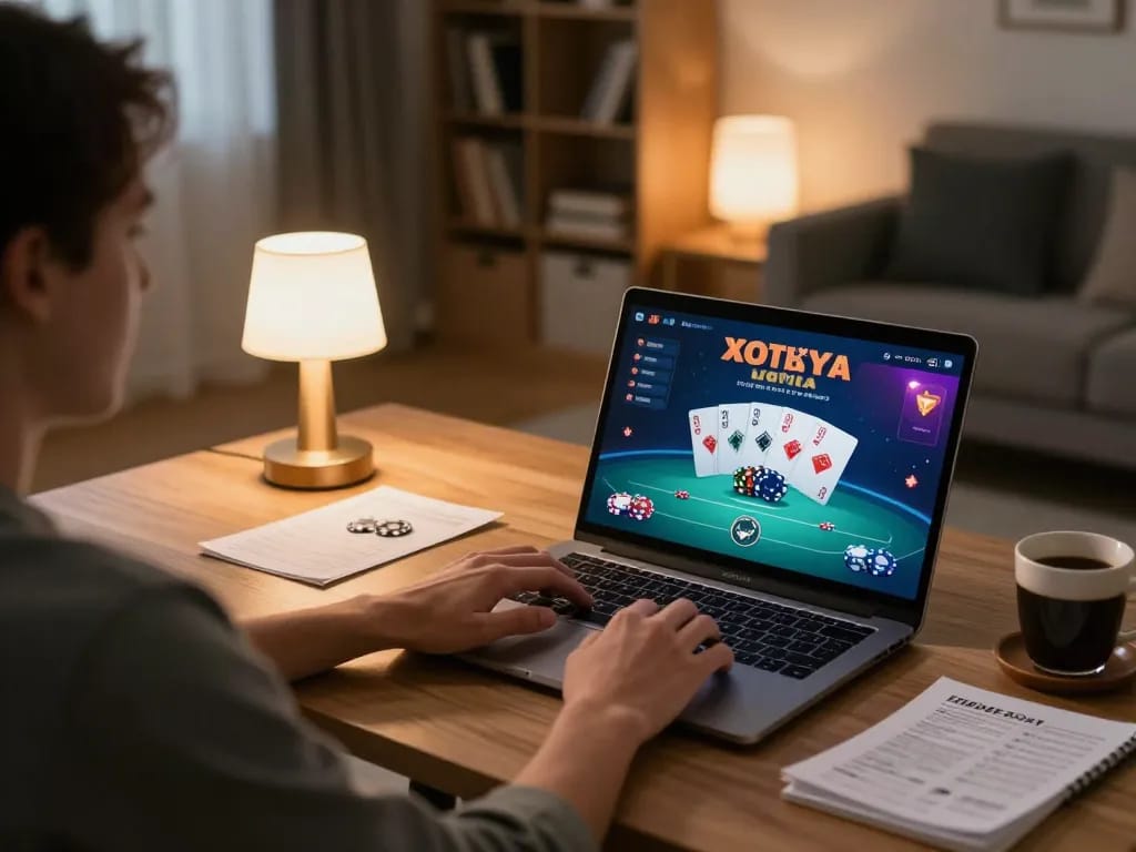 MB66 players engaging in strategic online poker game at cozy home setup with laptop and betting notes