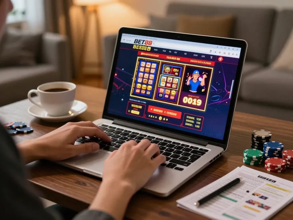 Engaging with BET88 online casino on a laptop, showcasing immersive gameplay and strategy notes.