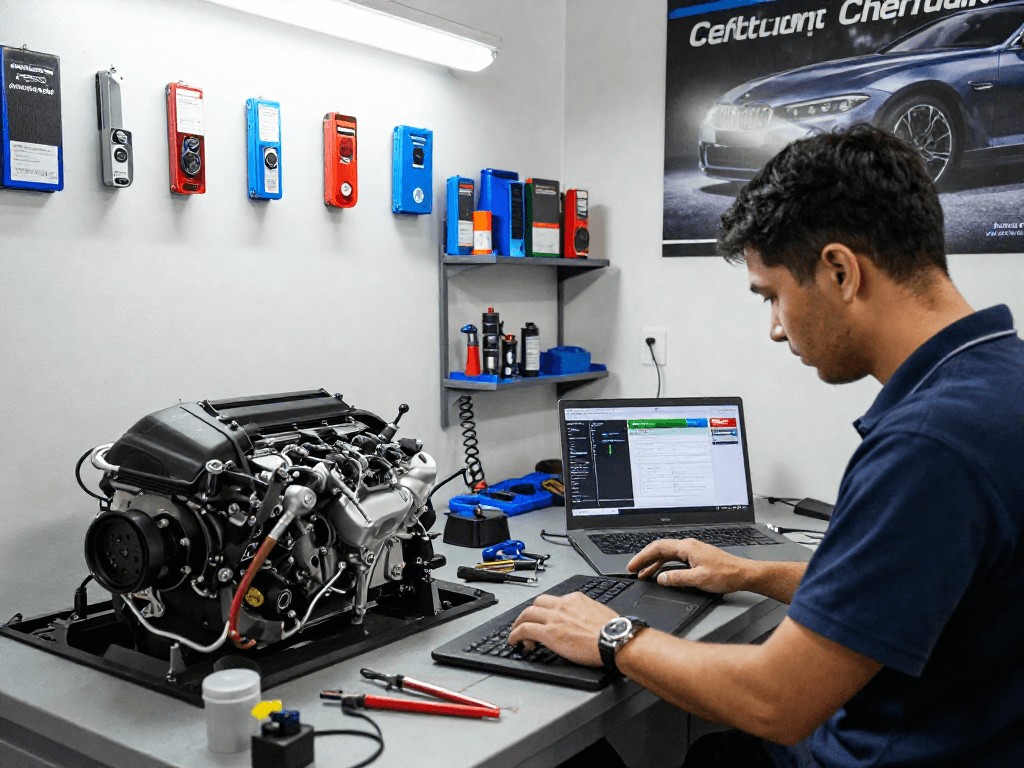 Chiptuning Hannover: Professioneller Techniker arbeitet an BMW Motor für Leistungsoptimierung.