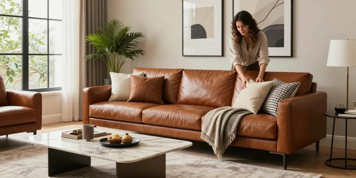 Baxter Möbel Erfahrungen in einem stilvollen Wohnzimmer mit italienischen Ledersofas und raffiniertem Dekor wunderschön präsentiert.
