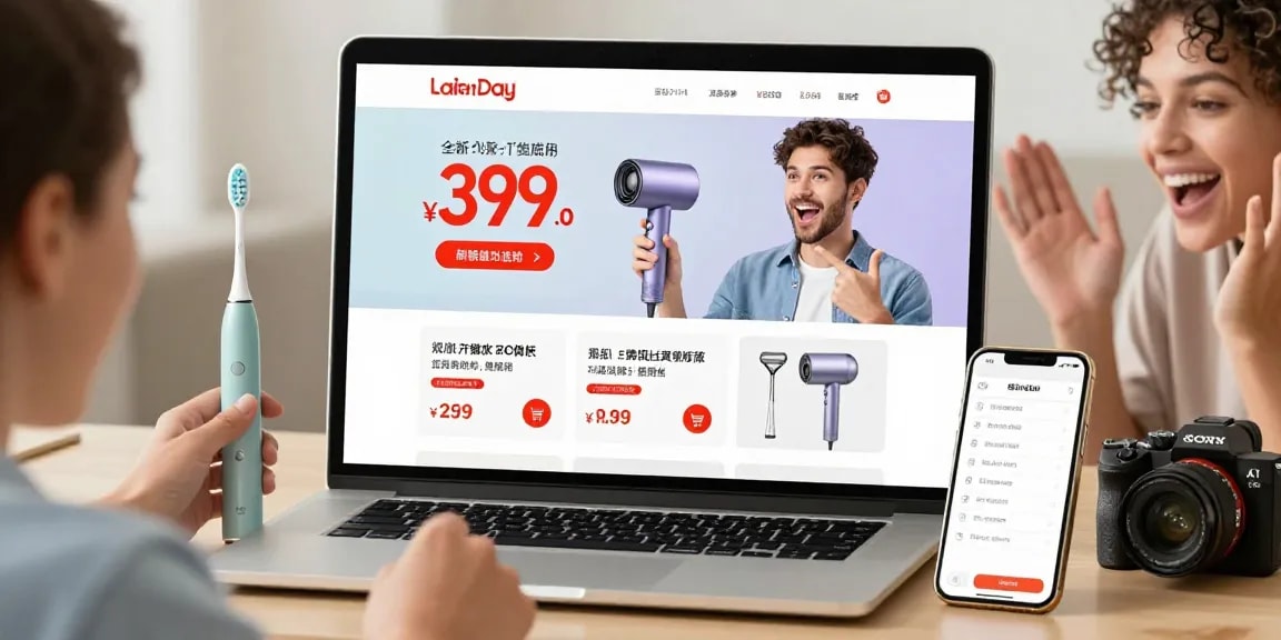 Laifen de Prime Day Sale mit elektrischen Zahnbürsten, Haartrockner und Rasierern in einem einladenden E-Commerce-Einkaufsumfeld.