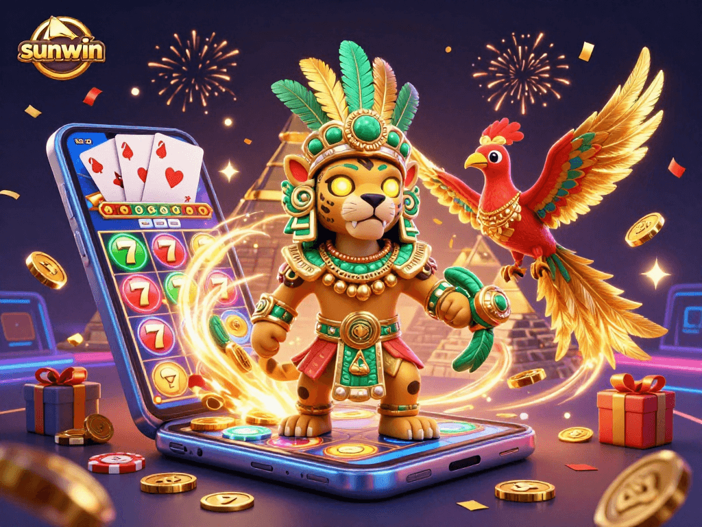 Engage in thrilling gameplay with sunwin at a vibrant casino scene featuring a Mayan jaguar priest.
