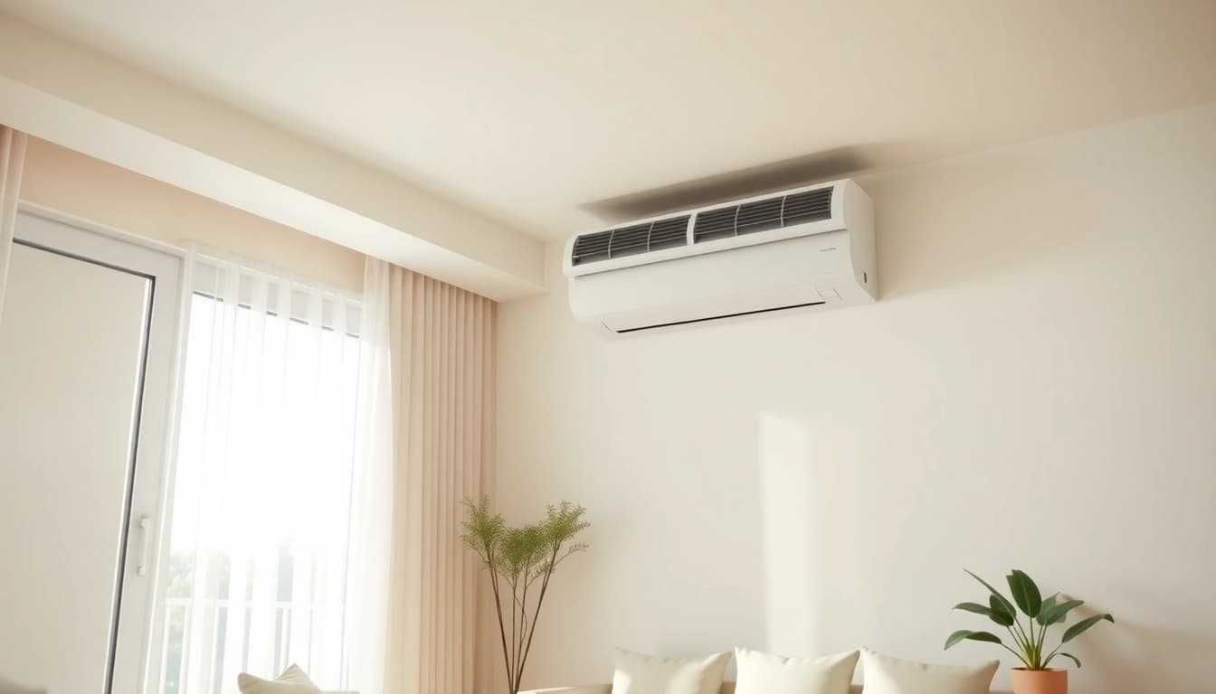 Showcasing a sleek air conditioning unit as part of the climate installation in a modern living room.