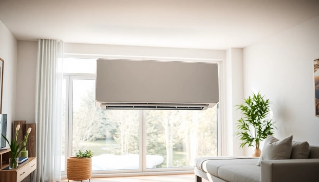 Visualisieren Sie die Klima kosten einer modernen Split-Klimaanlage in einem stilvollen Wohnzimmer mit natürlichem Licht.