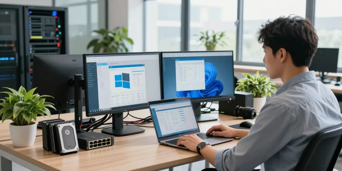 Windows Server 2025 16 Core Version erwerben: IT-Administrator überwacht Serverinfrastruktur am modernen Arbeitsplatz.