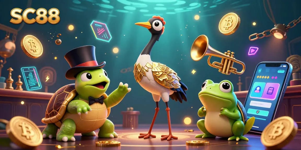 Engage with SC88's vibrant casino scene featuring crypto elements and lively characters.