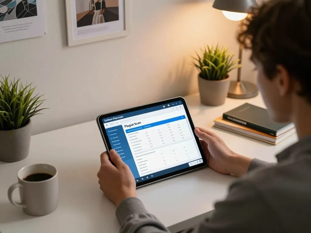 Player analyzing Plagiat Scan results on a tablet in a well-lit home office environment
