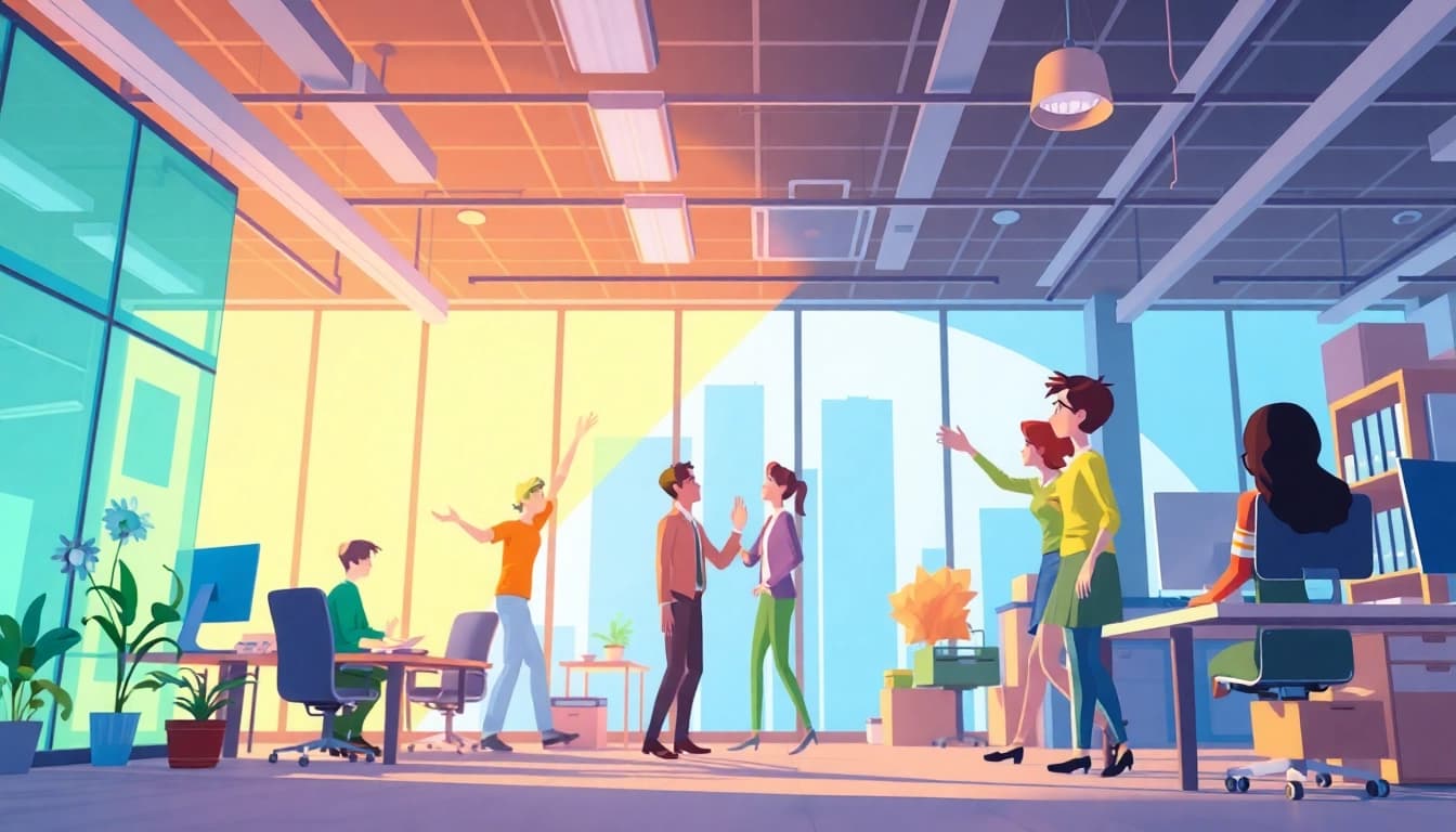 Unternehmensanimation illustrating a collaborative office scene with vibrant colors and engaging characters.