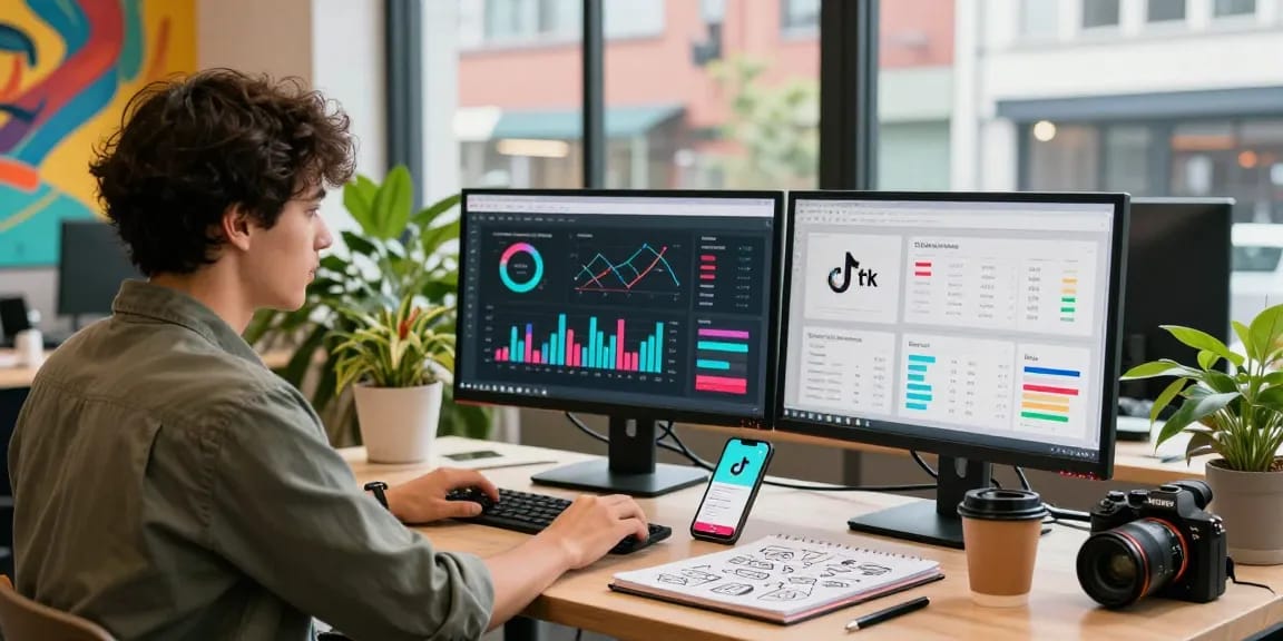 Analyse von TikTok Followern kaufen in modernem Büro mit Grafiken und Smartphone.