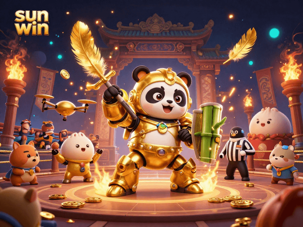 Join the thrilling action at sun win with our golden panda mech-suit battling in a dynamic casino arena.