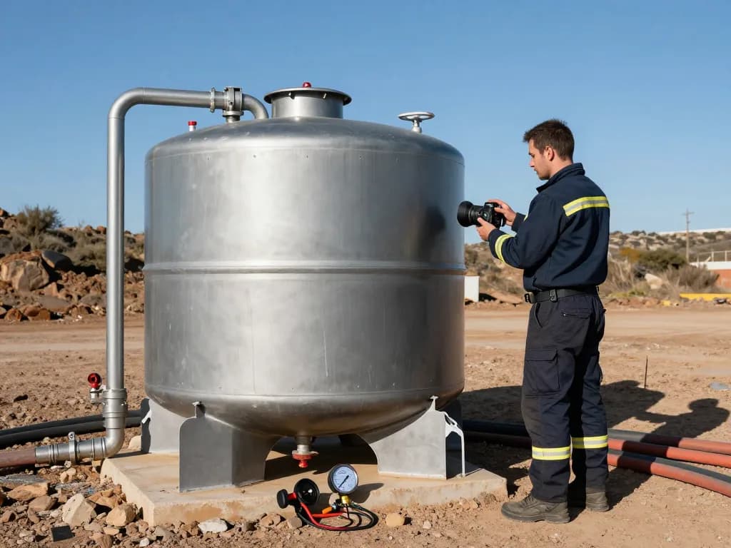 Löschwasserzisterne für Industrieanlage, dargestellt an einem Industriestandort mit Technikern, die den Tank inspizieren.