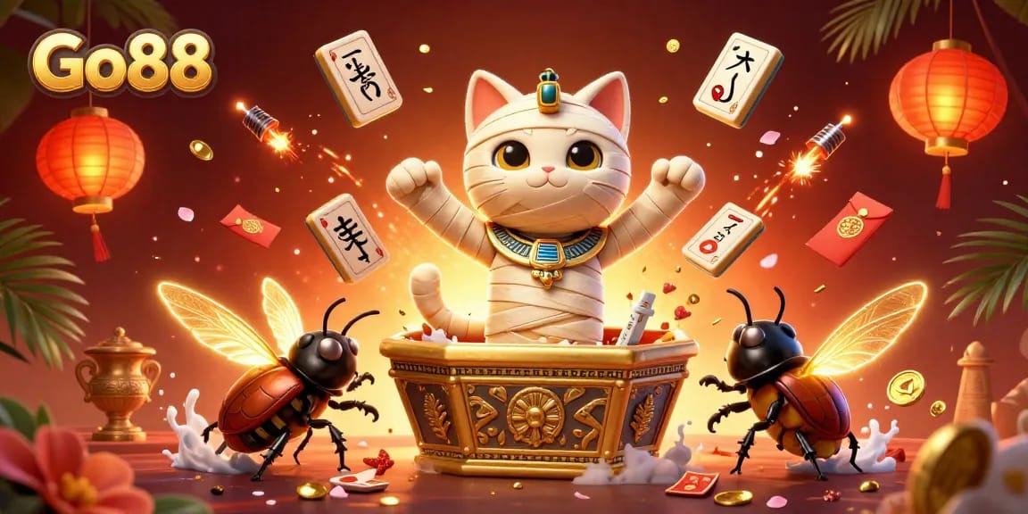 Experience the thrill of Go88 with a cartoon cat mummy and vibrant casino elements.