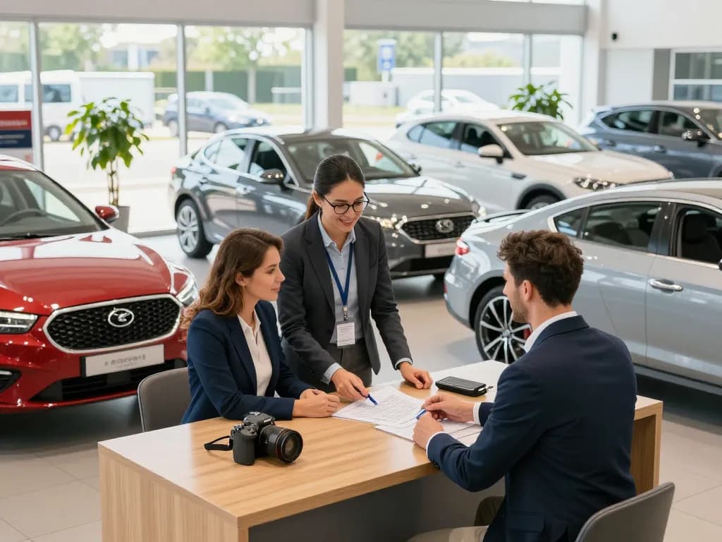 Dynamische Autohandel-Filiale mit freundlichem Personal, das Kunden in einem hellen Verkaufsraum unterstützt.