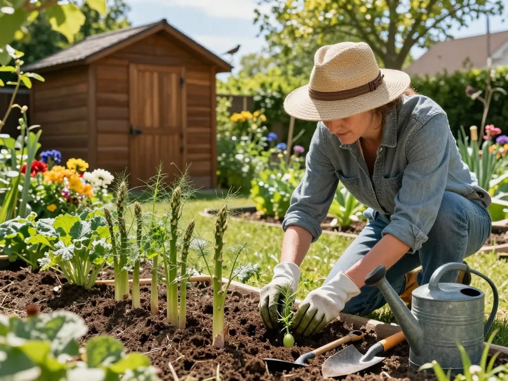 Gardener planting spargel pflanzen in rich soil surrounded by vibrant greenery.