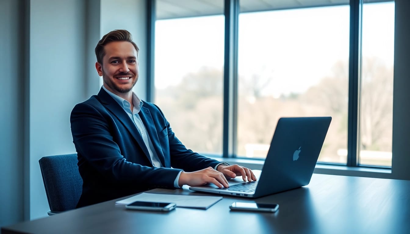 Headhunter IT beim Arbeiten im modernen Büro mit Laptop und Notizen.