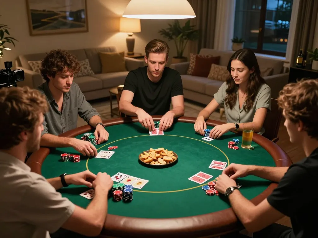 Engaging poker game scene featuring players enjoying iwin strategy in a cozy home atmosphere.