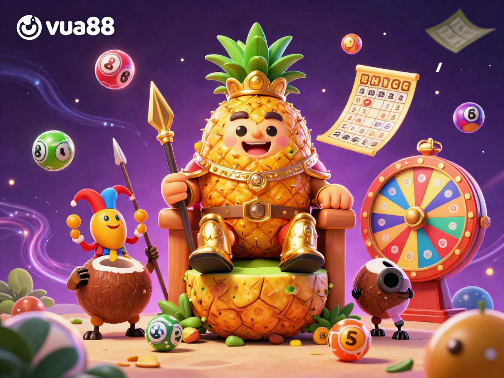 Engage in exciting casino games with vua88 featuring vibrant 3D elements like a golden pineapple king and dynamic lottery balls.