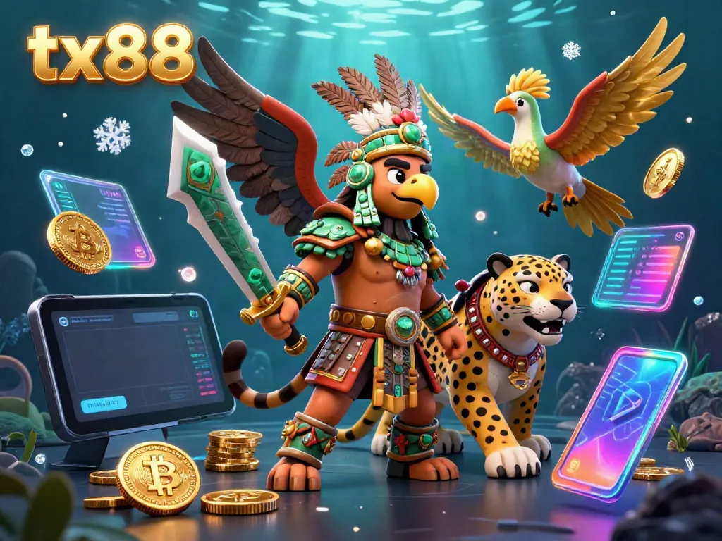 Engage the excitement of gambling with tx88 in this dynamic 3D scene featuring Aztec warriors and vibrant crypto elements.