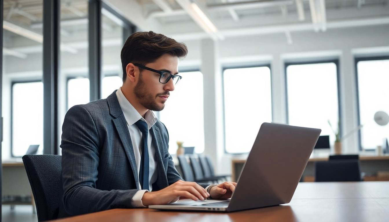 Headhunter analysiert Kandidatenprofile am Laptop in einem modernen, hellen Büro.