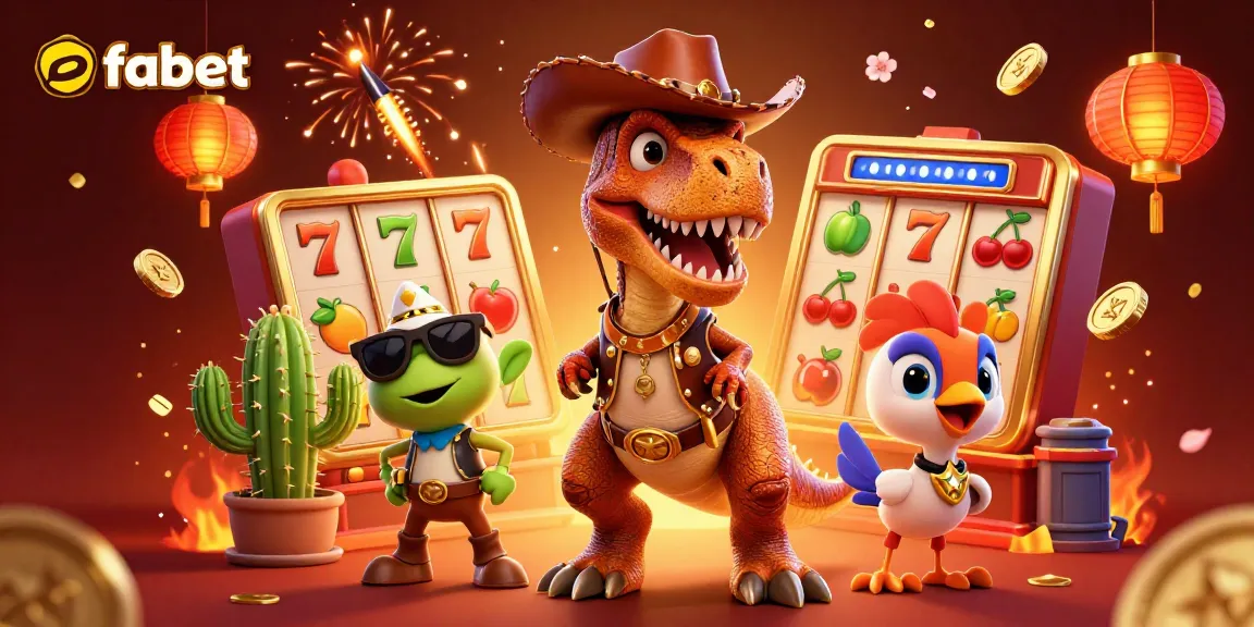 Spin the reels with fabet's vibrant casino scene featuring a T-Rex and cartoon characters.