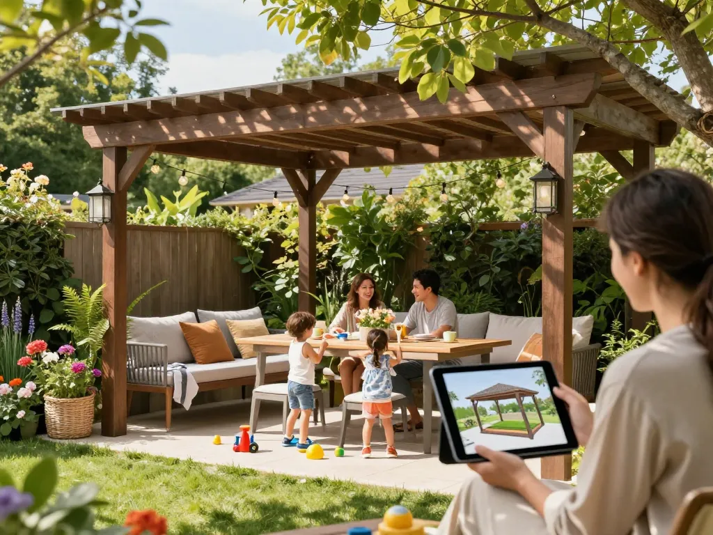 Interaktive Outdoorszene, die eine Familie zeigt, die eine Pergola 3D-Konfigurationserfahrung in ihrem Garten genießt.