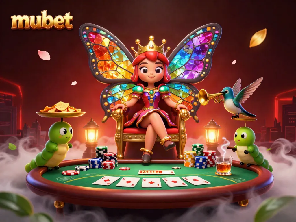 Mubet offers a vibrant casino experience with the butterfly queen presiding over poker games.